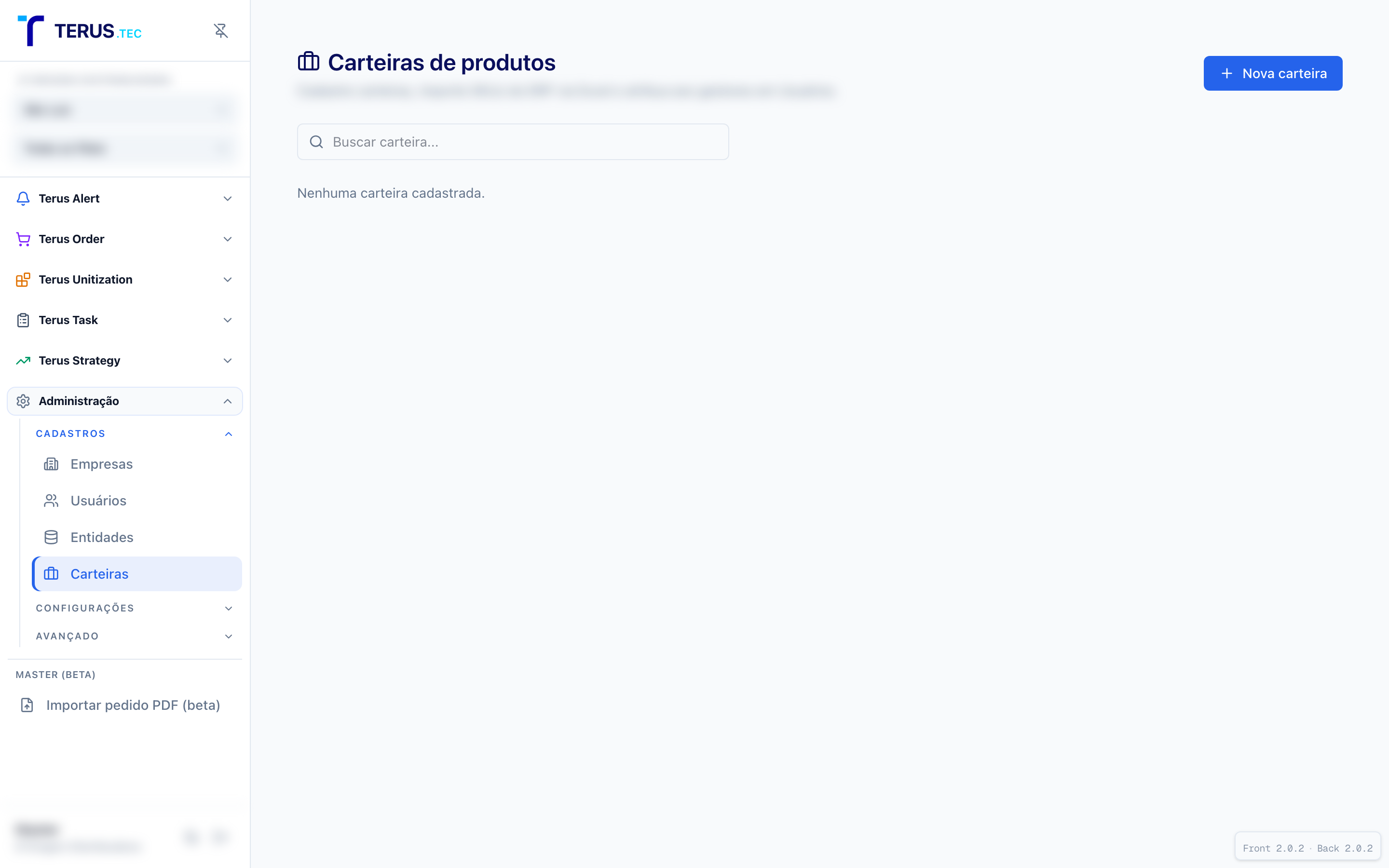 Tela Carteiras de produtos vazia