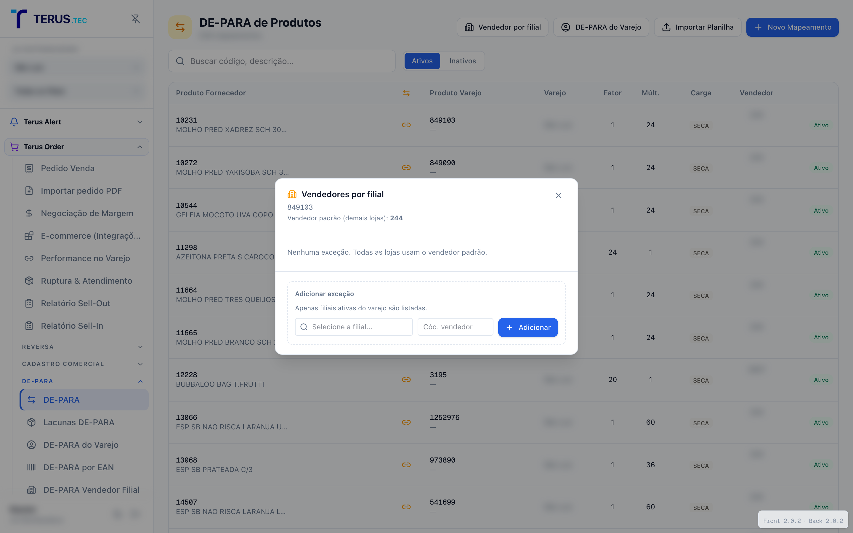 Modal vendedores por filial