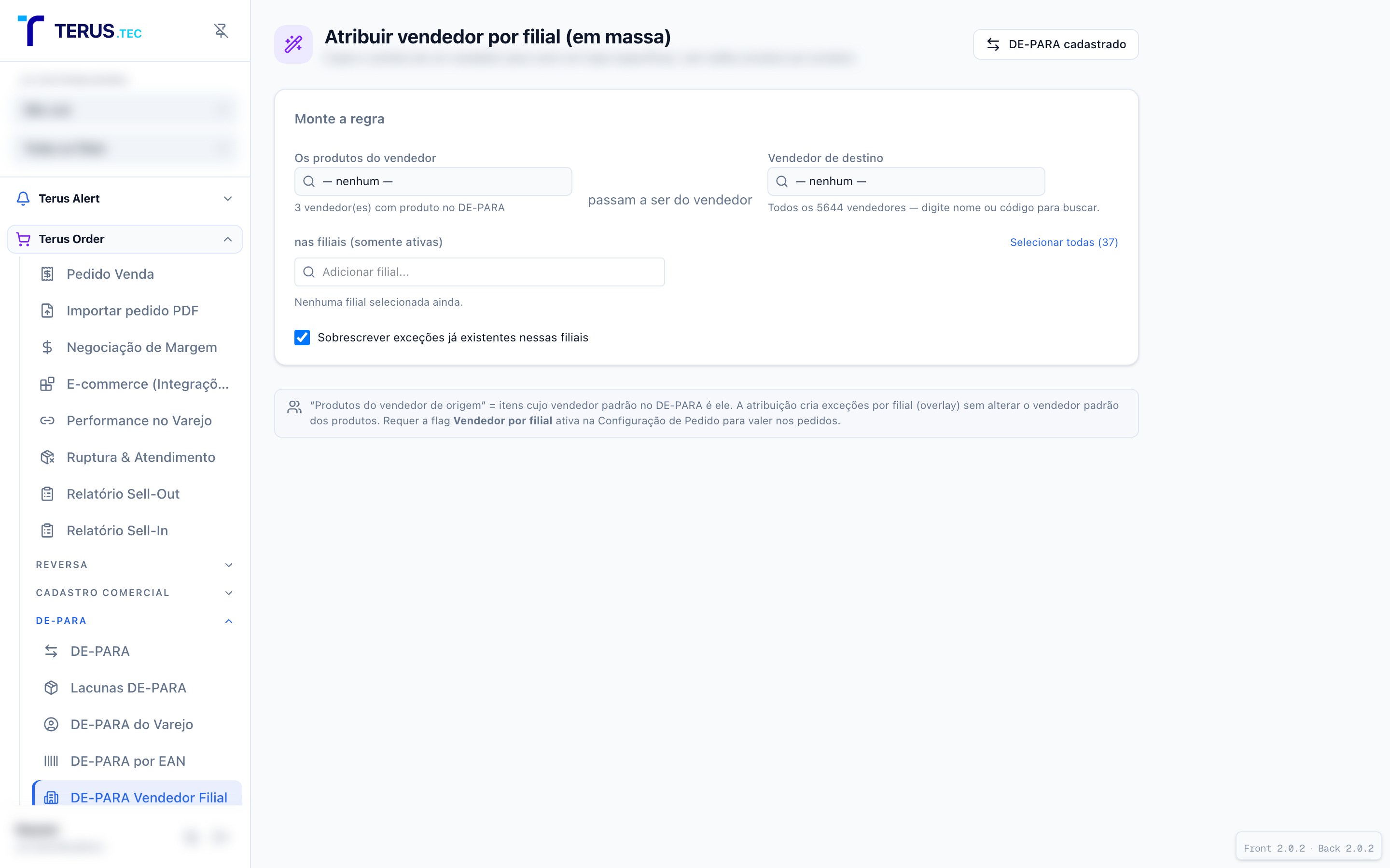 Tela DE-PARA Vendedor Filial