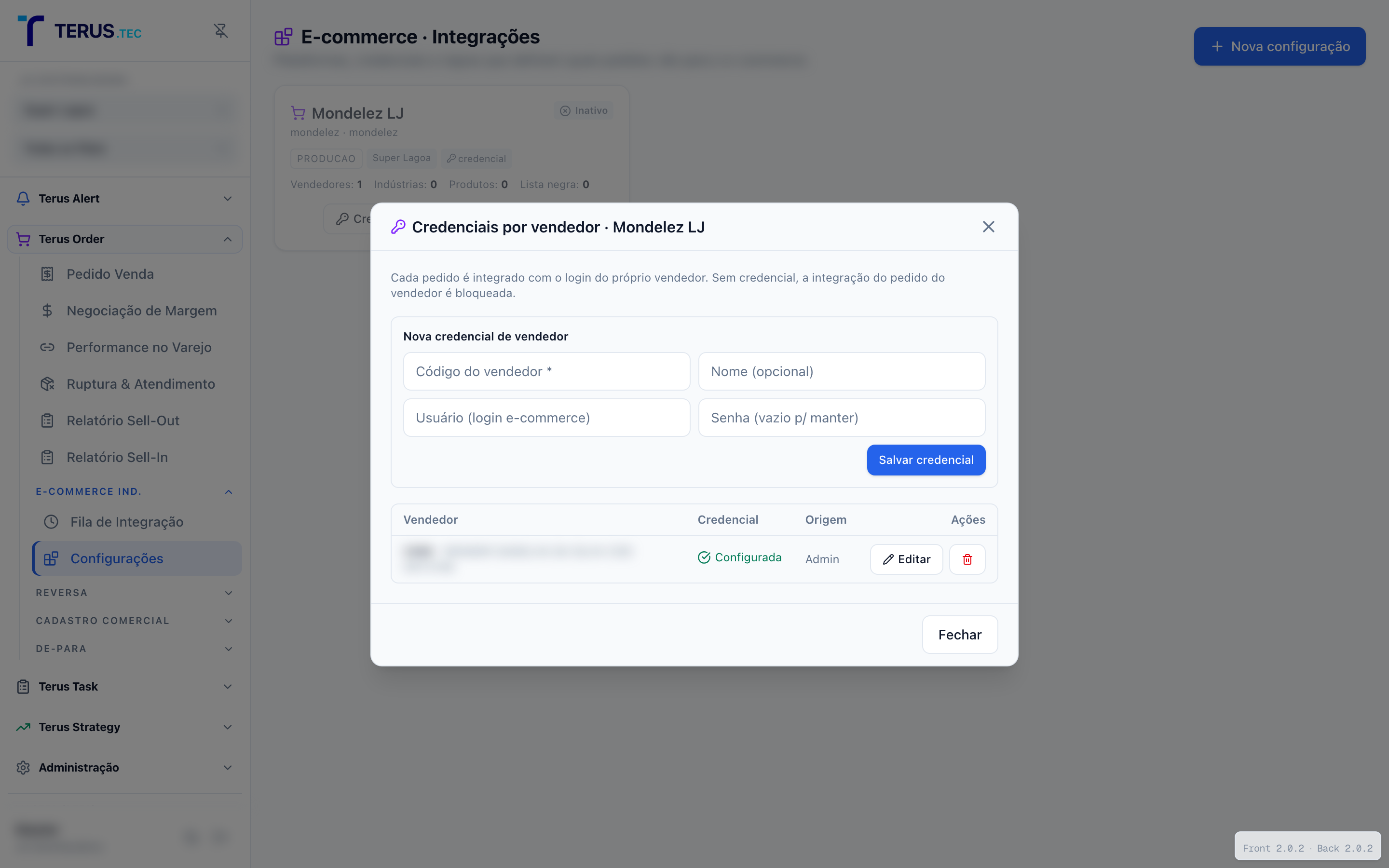 Credenciais por vendedor
